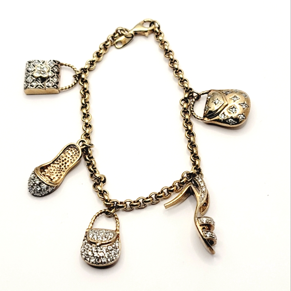 Vintage Seta Sterling Silver 925 Gold Wash Cz Shoes Bags Charm Bracelet 7.25